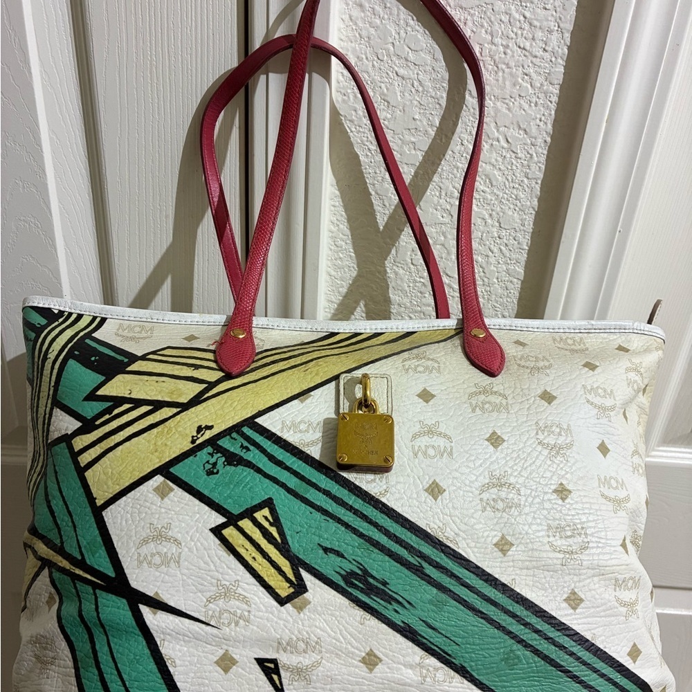 MCM White and Green Geometric Tote - Picture 3 of 10
